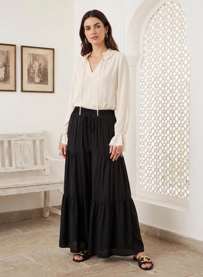 جلو باص بنطال بالازو أسود متعدد الطبقات بخصر برباط وحافة واسعة - Image 5